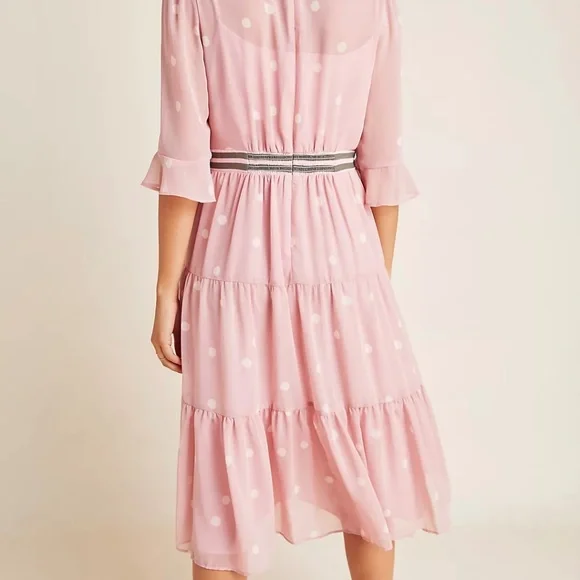 Gal Meets Glam Finely Polka Dot Tiered Midi Pink Dress Women's 4 Petite - Picture 3 of 16